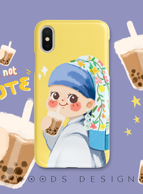 woods原创奶茶珍珠少女16/15promax/17pro恶搞插画14/i12/xsMAX/iPhone13油画手机壳