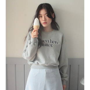 少量现~设计师品牌somewherebutter 春季新款圆领套头卫衣短款女