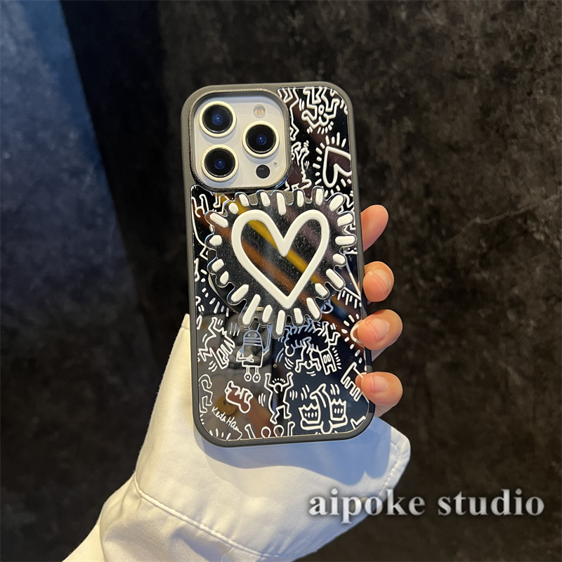爱珀客 ins风抽象白色涂鸦爱心镜面支架适用于iPhone16苹果15promax手机壳13/14全包防摔磁吸保护套12Pro个性