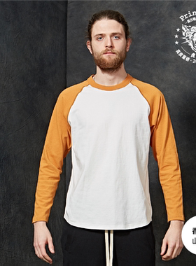 PrintAce复古超重磅全棉无缝滚领斜肩拼色弧形下摆秋冬长袖男6237