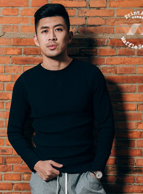 PrintAce Vintage咔叽复古超级重磅全棉华夫格圆领长袖T恤6118