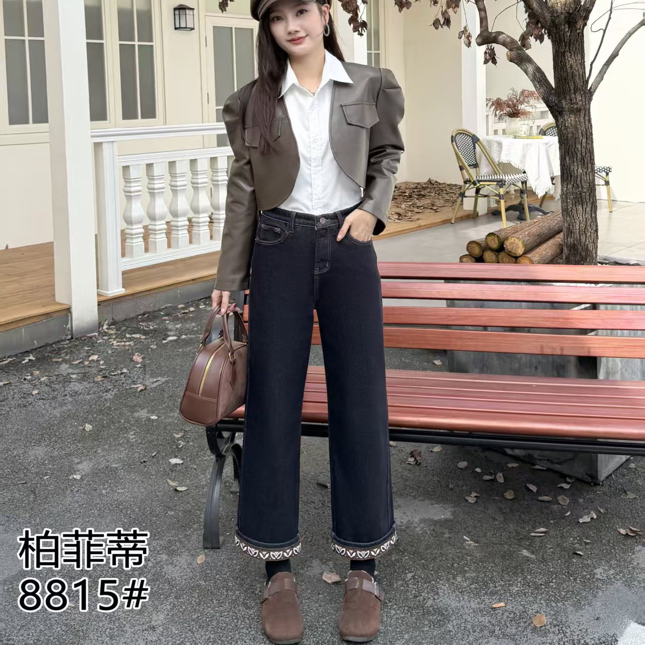 高腰弹力九分加绒牛仔裤大码女装