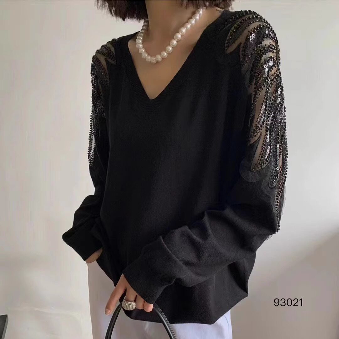 重工刺绣大码女装胖MM宽松显瘦V领针织衫内搭上衣春装新款93021