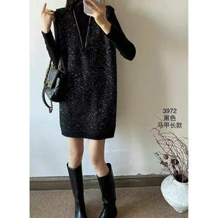 大V领宽松针织马甲裙中长款背心毛衣裙大码女装通勤气质坎肩3972