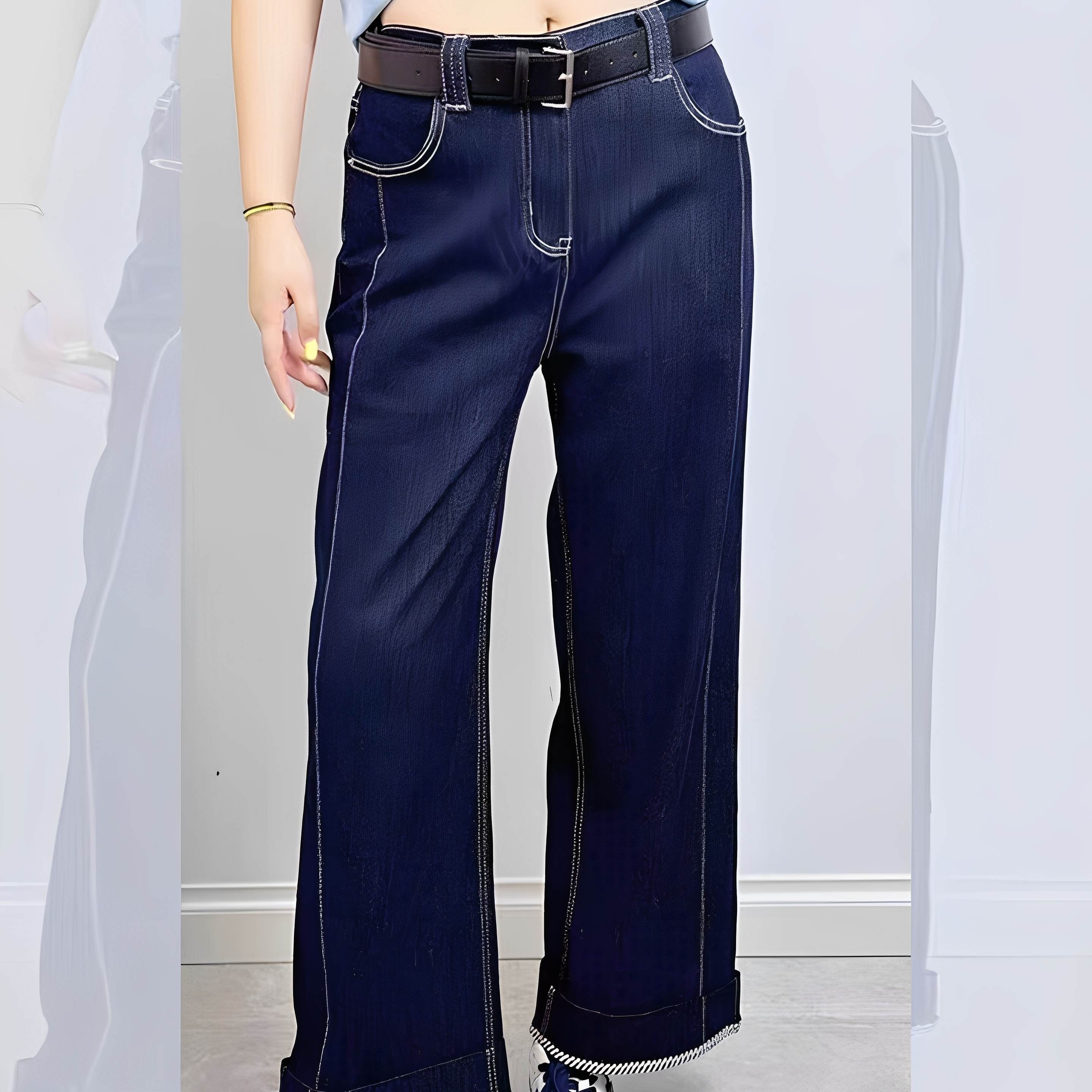 【专卖店售价189】大码深蓝色阔腿牛仔裤女夏薄款新款设计感UP129