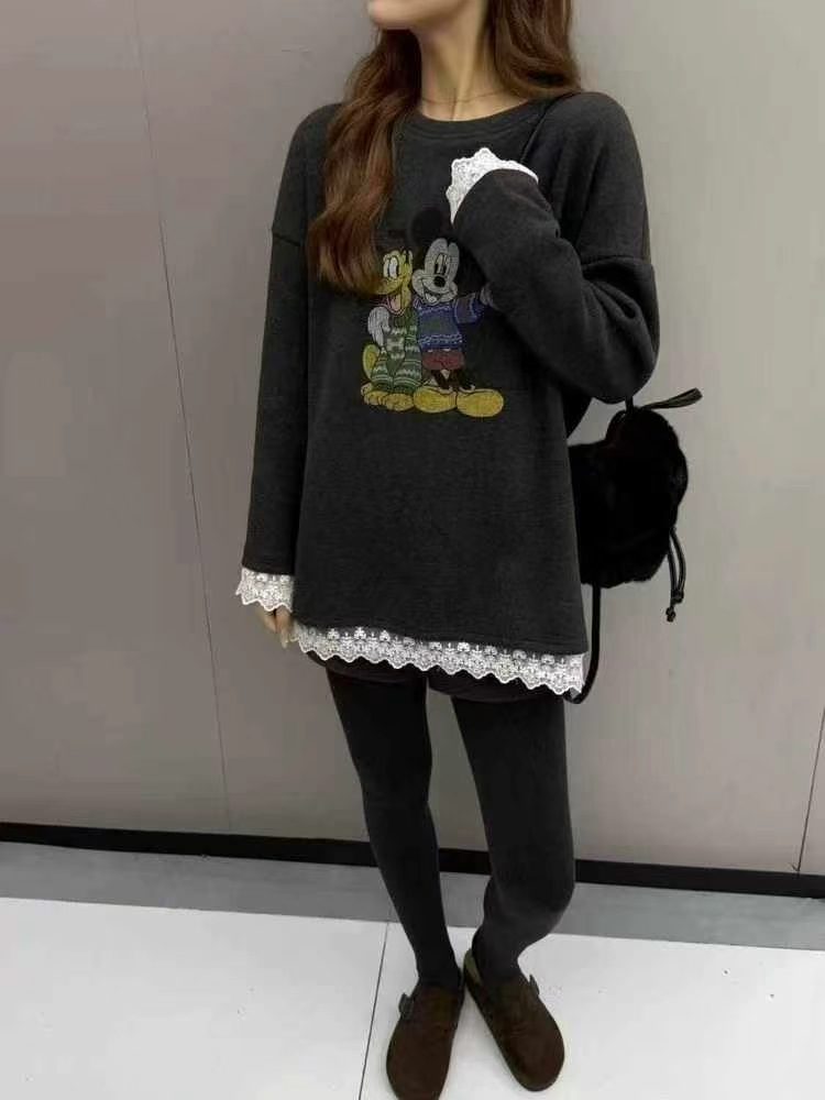 2025冬季新款米奇卡通图案拼接蕾丝花边加绒上衣休闲减龄长袖T恤