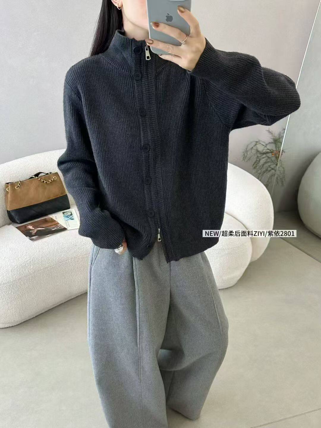 高级感灰色2026秋冬新款半高领针织开衫外套女宽松毛衣外套