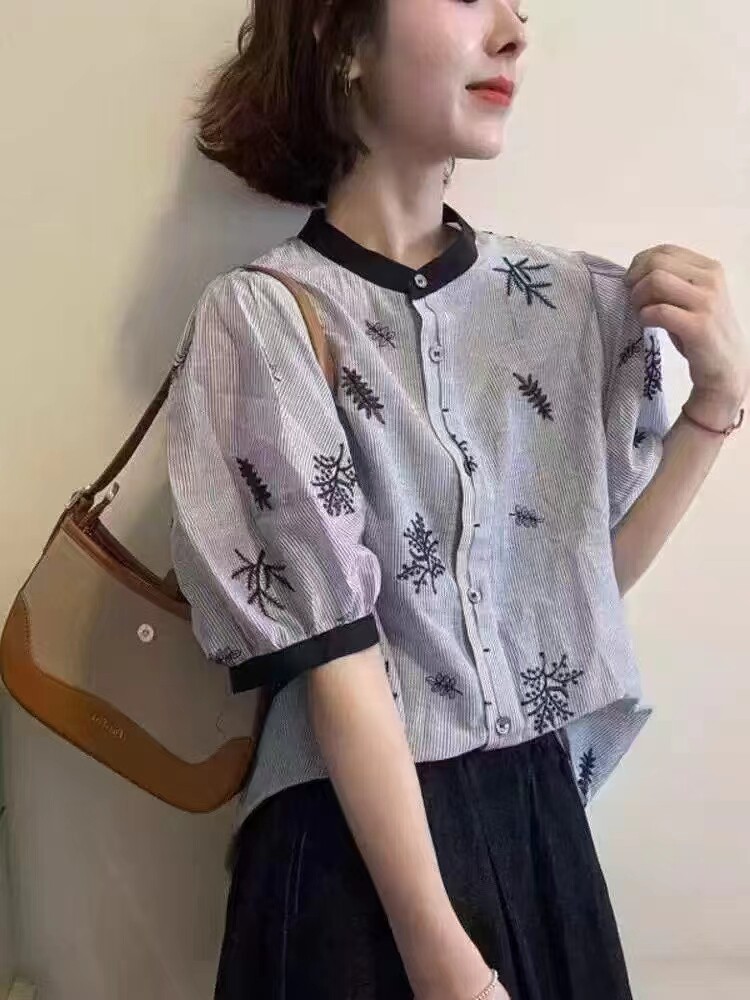 2026夏季新款韩版宽松拼接领口圆领刺绣短袖衬衫女短袖上衣小衫