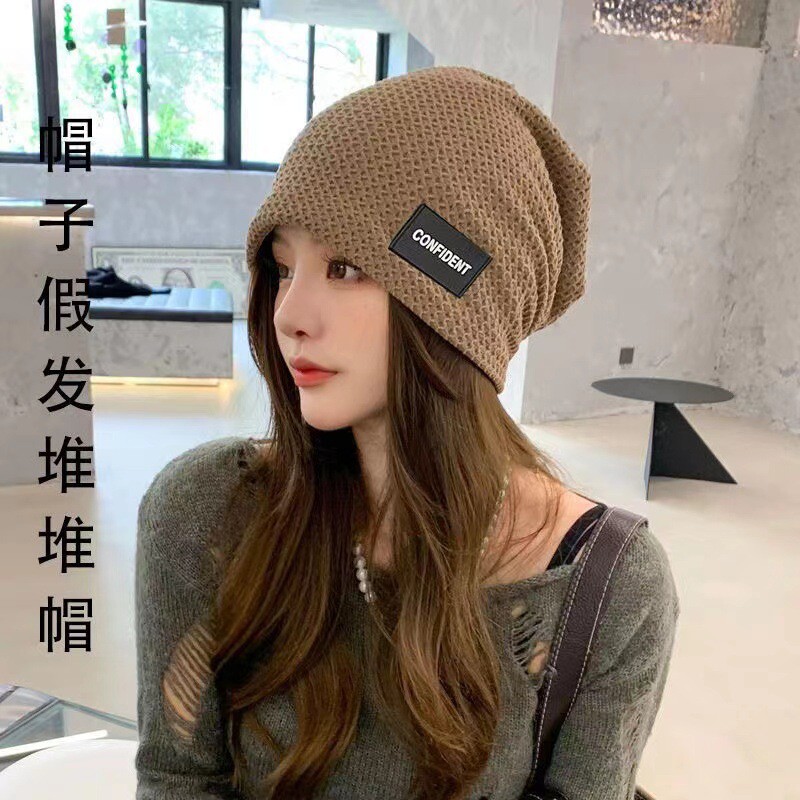 韩版百搭针织堆堆帽假发一体包头图片