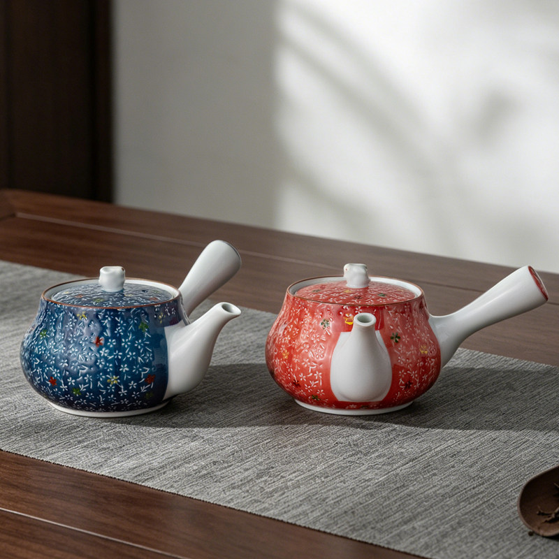 美浓烧日本进口有田烧滨陶蓝色红色碎花横把茶壶