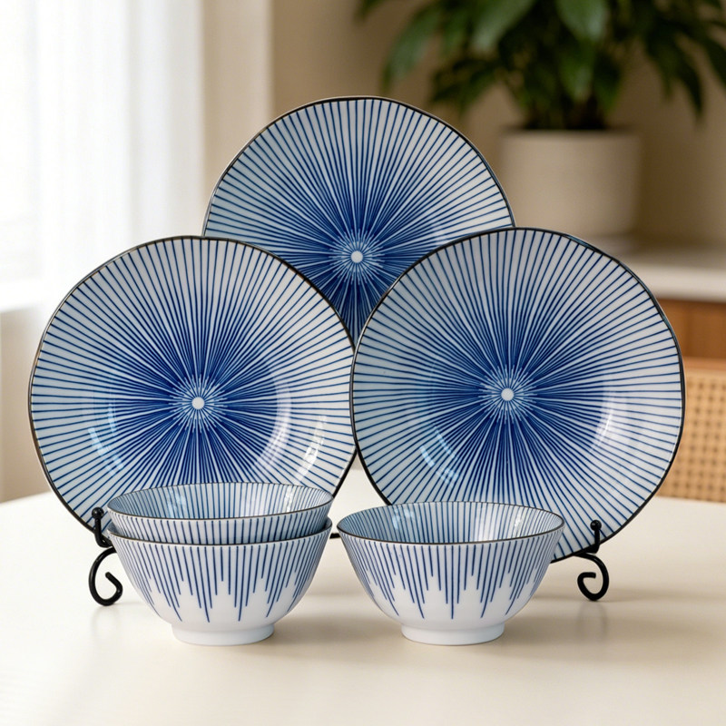 美浓烧日本进口陶瓷餐具套装音符十草碗盘餐具6件套釉下彩碗盘