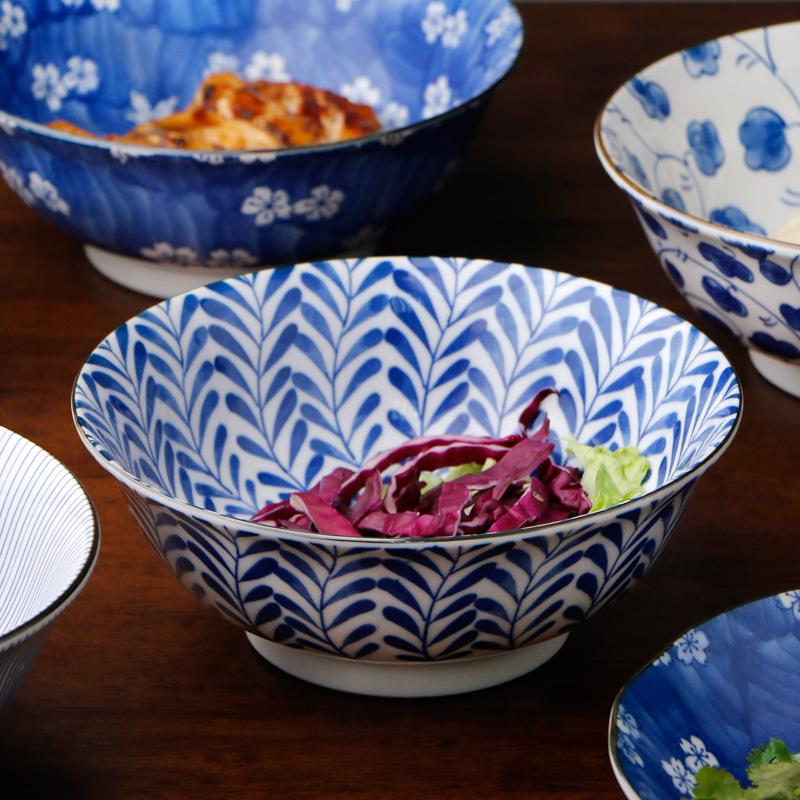 日本拉面碗日式高脚汤碗青花瓷水果沙拉碗复古意粉拌面碗家用大碗