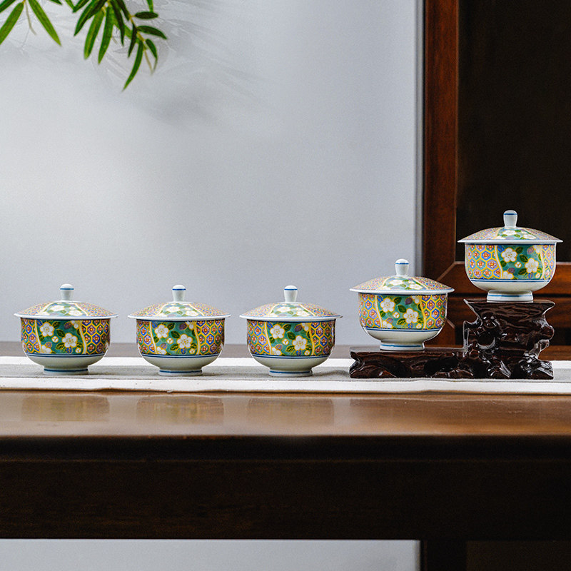 美浓烧有田烧锦地七宝茶碗带盖陶瓷功夫茶杯礼盒套装高档个人专用