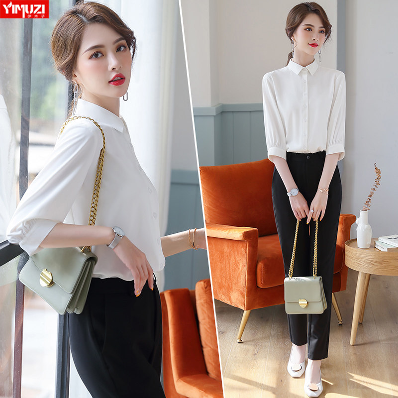 职业白衬衫女新款2020年夏季薄款气质七分袖雪纺白色衬衣工作服夏