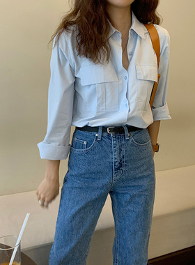 大艾的殿 蓝色衬衫上衣女2024新款春装通勤简约时尚气质休闲外穿