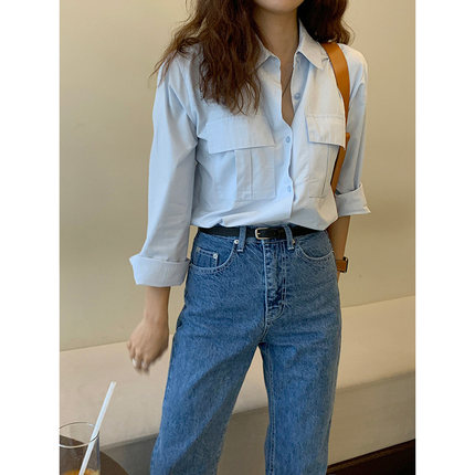 大艾的殿 蓝色衬衫上衣女2024新款春装通勤简约时尚气质休闲外穿