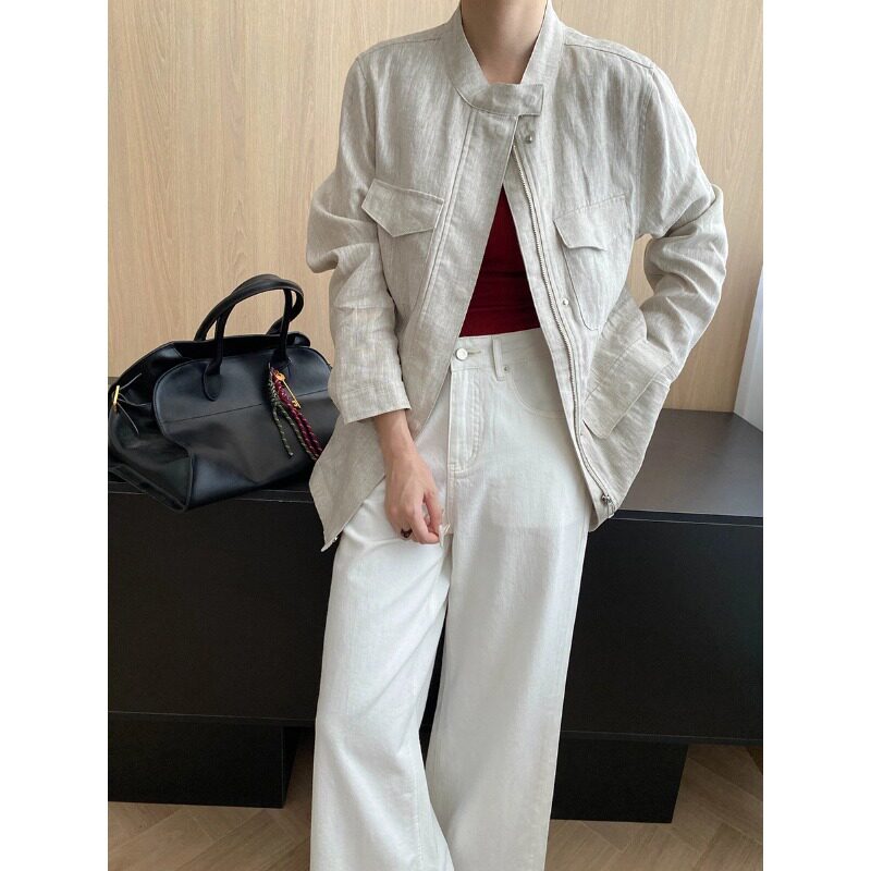 外贸出口尾单大牌剪标女正品老钱立体口袋天丝亚麻小立领宽松外套