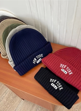 美式复古字母刺绣针织帽子女秋冬季保暖百搭冷帽显脸小毛线帽男女