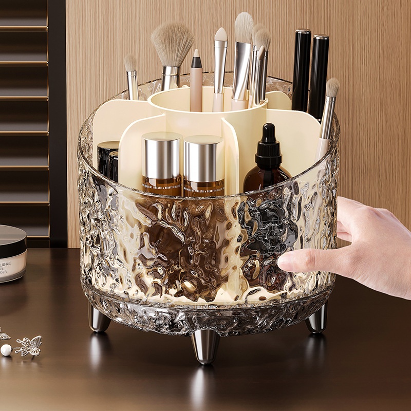 轻奢水波纹收纳盒圆形旋转桌面化妆品收纳盒梳妆台护肤品口红眼影