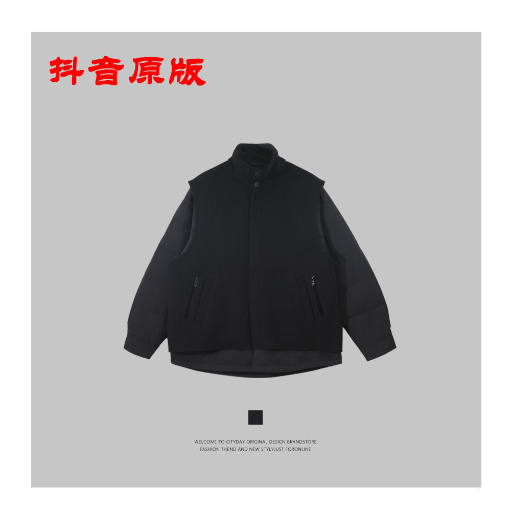 新款羊毛冬呢拼接立领领假两件羽绒服短款白鸭绒保暖外套男女同款