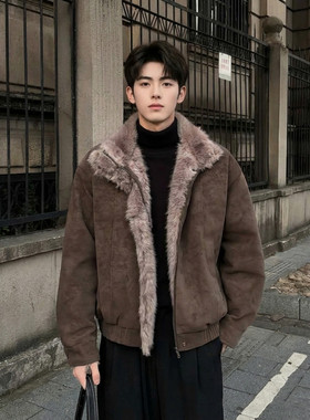 长毛毛内里加厚加绒棉衣皮夹克保暖座山雕外套男