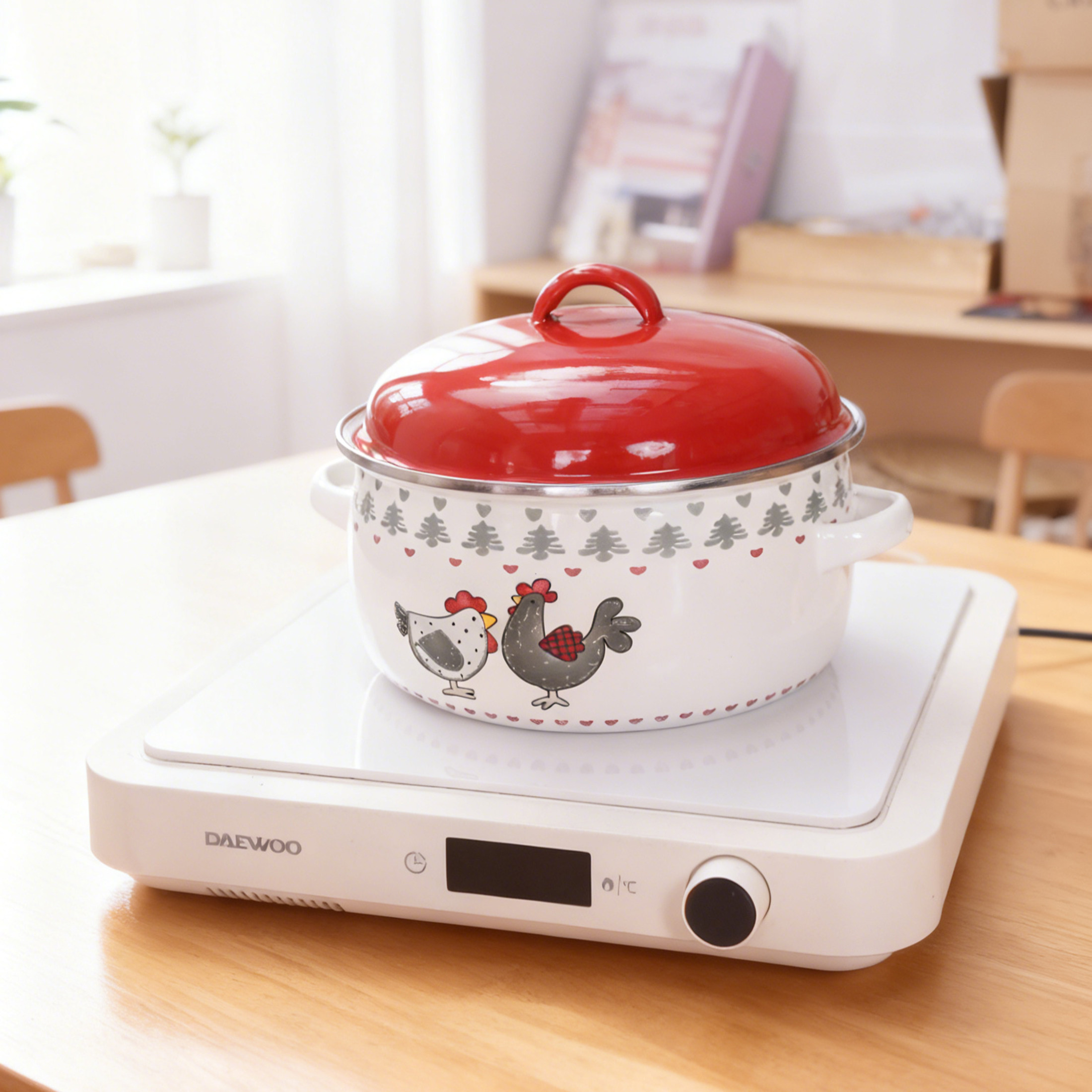 珐琅搪瓷汤锅公鸡花加厚双耳红盖宝妈辅食泡面锅平底汤锅18-22cm