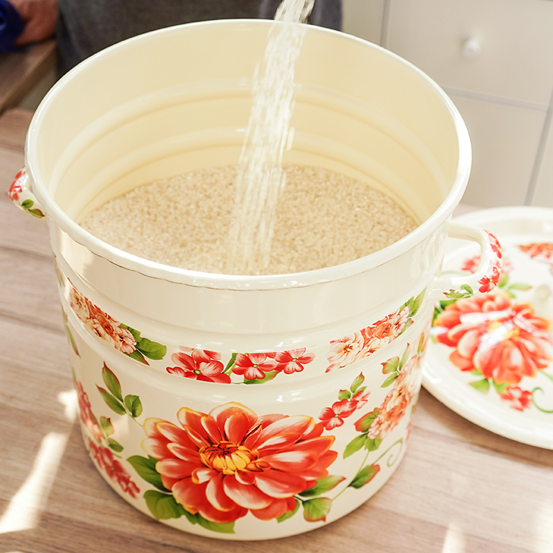 肥龙花开富贵珐琅搪瓷18L加高加厚汤锅大米桶35斤米南北干货储藏