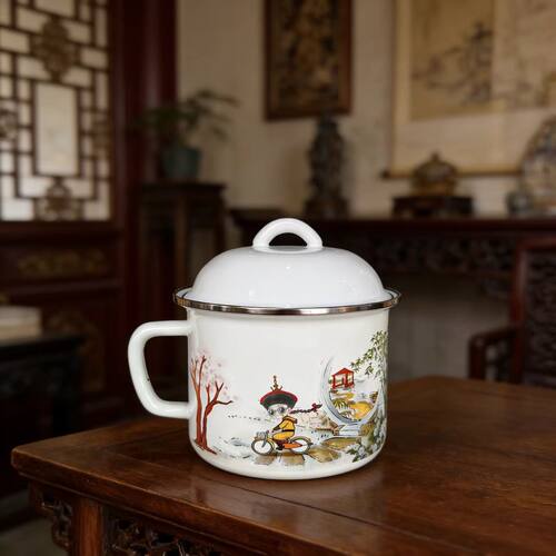 珐琅搪瓷带盖泡面锅复古搪瓷缸1.8升凉水杯泡面杯猪油罐