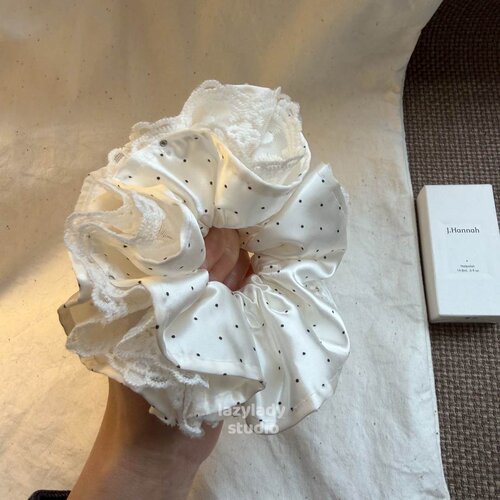 俏皮缎面波点蕾丝花边大肠发圈女 甜美百搭丸子头发绳蕾丝头花