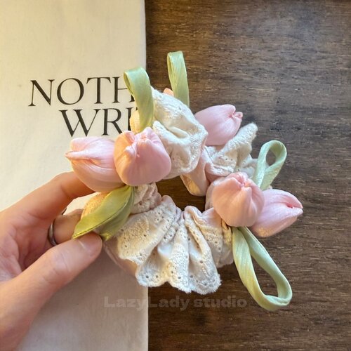 春日郁金香花苞田园风发圈 粉色花瓣甜美温柔法式发绳头花女