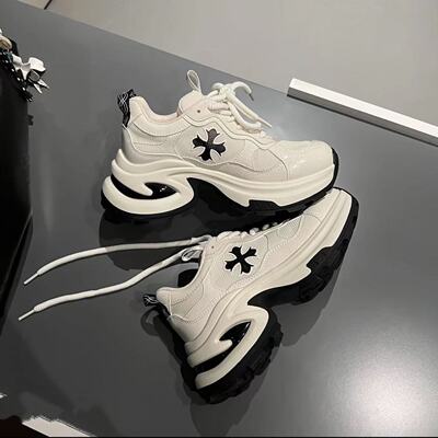 软牛皮~2026新款十字花8CM厚底休闲运动鞋女真皮松糕老爹鞋跑步鞋