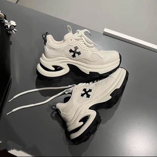 软牛皮~2026新款十字花8CM厚底休闲运动鞋女真皮松糕老爹鞋跑步鞋