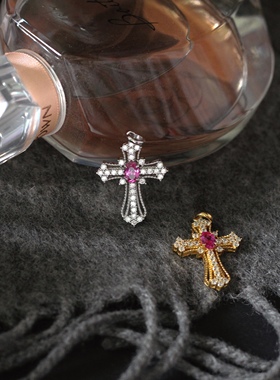 S925银镀金轻珠宝卢比来色精工满钻十字架项链吊坠