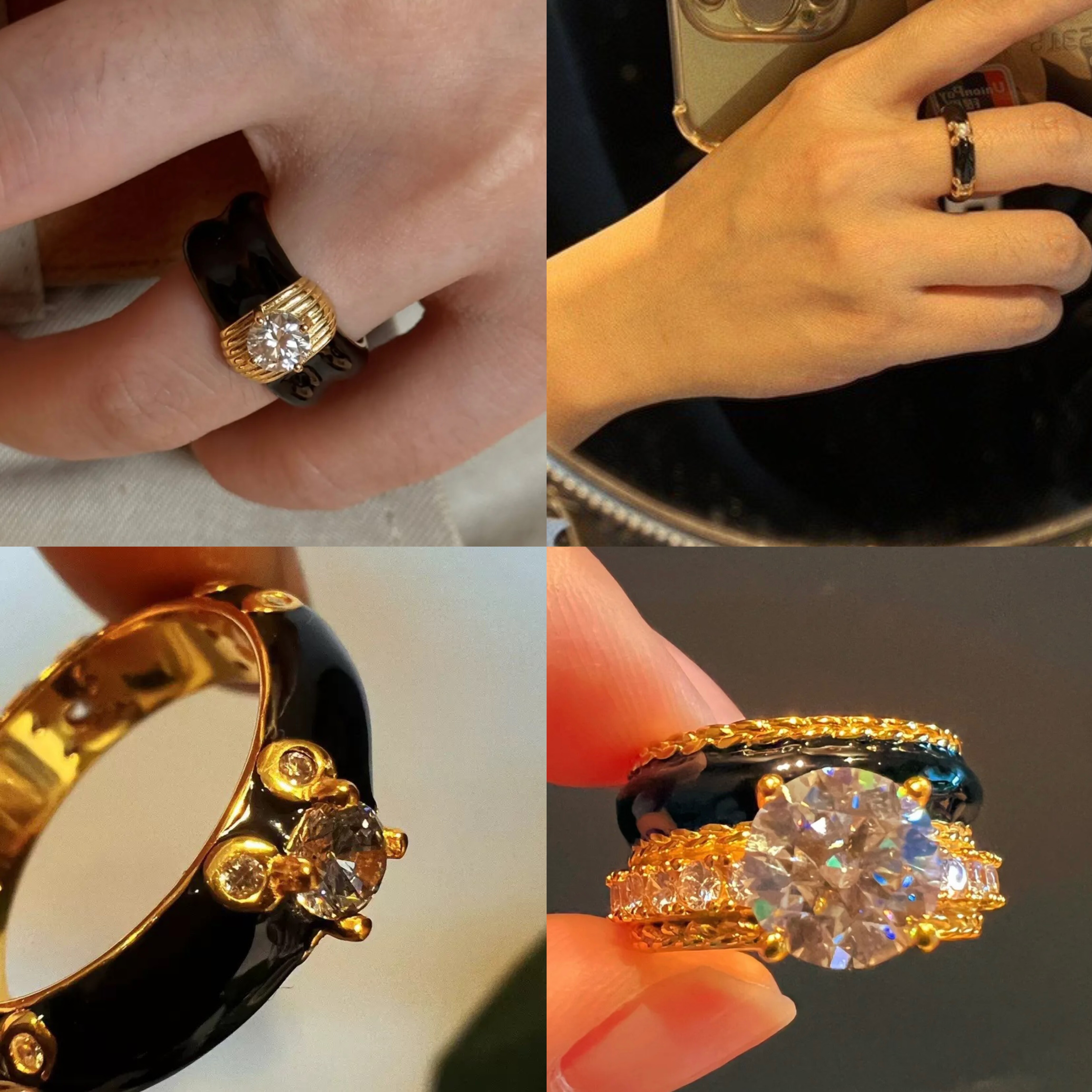 S925银镀金925银镀金莫桑钻黑金手工珐琅老钱风戒指