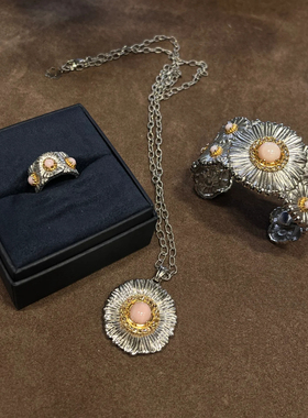 轻珠宝/S925银镀k金布切拉提雏菊玛瑙长项链戒指澳宝权志龙高级感