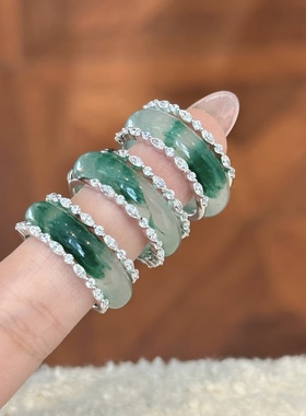 S925银天然非洲翠戒指女独龙玉白钻指环套戒两戴款高冰飘花国风