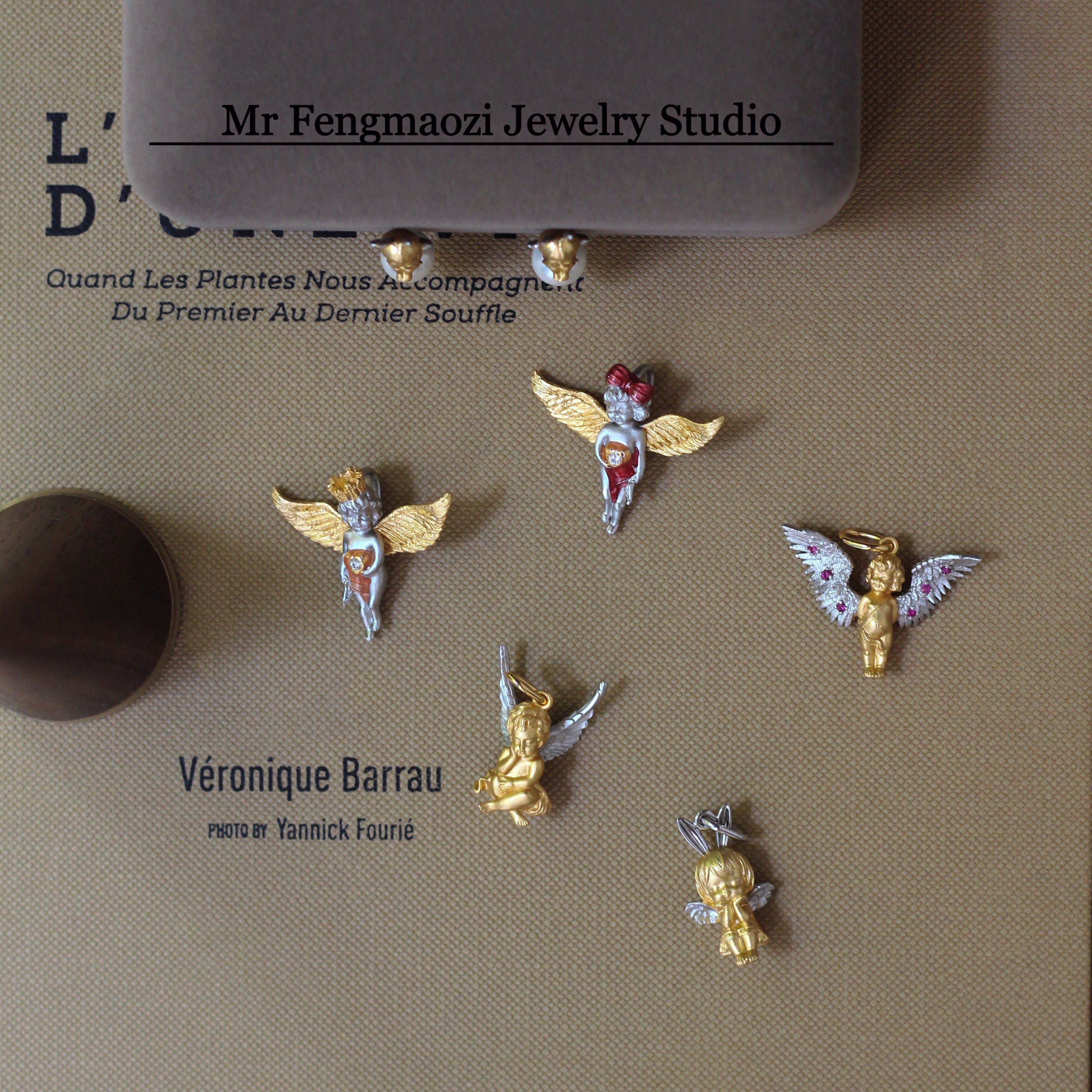 S925银镀24k金 天使系列 丘比特托腮天使雾面哑金项链吊坠耳钉