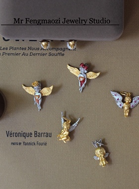 S925银镀24k金 天使系列 丘比特托腮天使雾面哑金项链吊坠耳钉