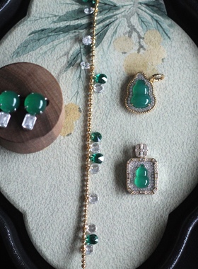 S925银镀金新中式风格天然绿玉髓葫芦方牌满钻吊坠耳钉高级感饰品