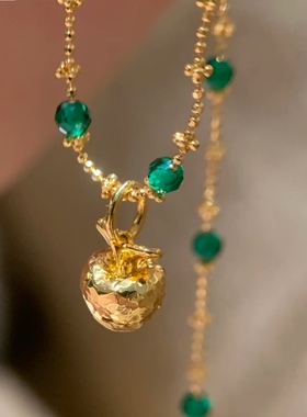 轻珠宝S925银镀金菠菜绿意大利仙女链碎碎冰苹果圣诞款叠戴项链