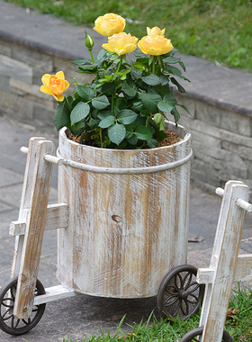 小推车园艺花盆复古花盆阳台多肉盆家用木质圆形大号月季种植花盆