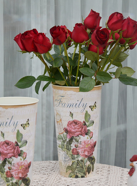 法式田园乡村铁皮花桶花店家用装花大号复古铁艺花盆干花花瓶花器