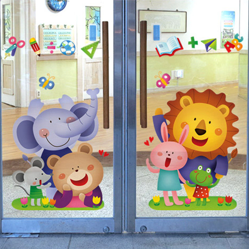 玻璃门贴纸幼儿园创意防水儿童移门简约装饰双面贴画卡通动漫墙贴