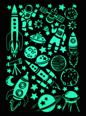天花板夜光墙顶屋顶墙贴卧室宇航员飞船星球荧光贴纸星星发光火箭