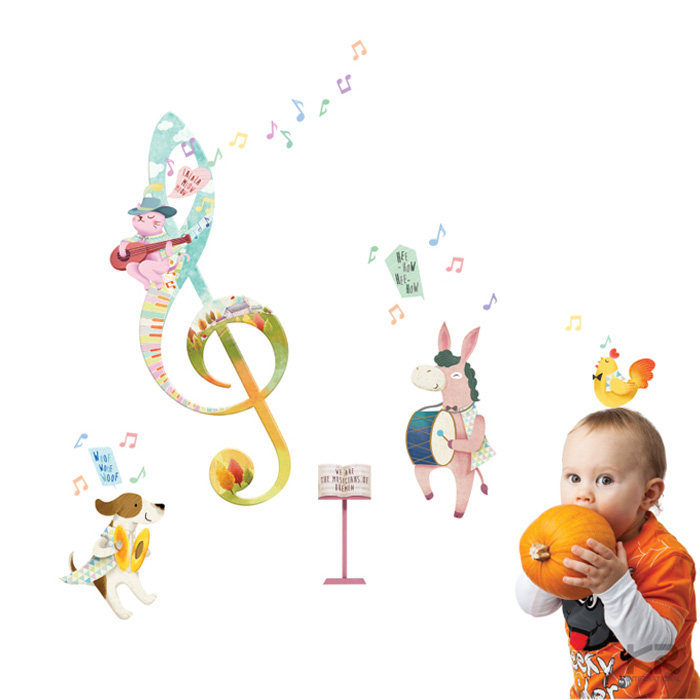 自粘自贴墙贴纸幼儿园音乐教室儿童房间卧室卡通墙贴画 动物乐队