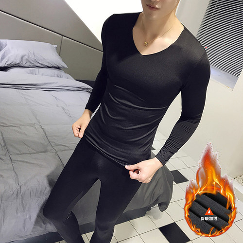 无痕V领男士保暖内衣套装薄款加绒莫代尔秋衣秋裤紧身内搭打底衫