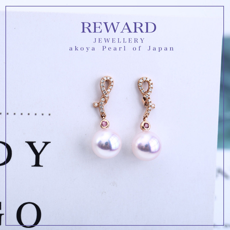 日本akoya天然海水珍珠耳钉女白透粉天女级珍珠钻石蝴蝶结18K金_虎窝淘