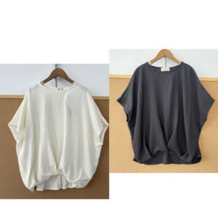 2E-76韩版极简风肌理感下摆褶皱交叉慵懒风舒适圆领轻薄短袖H26-1