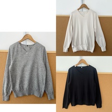 2F1-17长袖V领薄款长袖套头纯色宽松休闲打底T恤舒适简约Y25-10