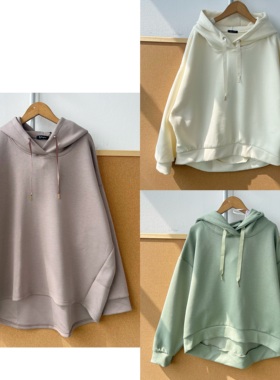 2I1-52春秋大码纯色长袖连帽套头卫衣宽松舒适柔软前短后长H25-10